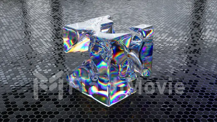 Liquid diamond cube appears and disappears against an abstract background. Rainbow. Matter transformation. Black tiles