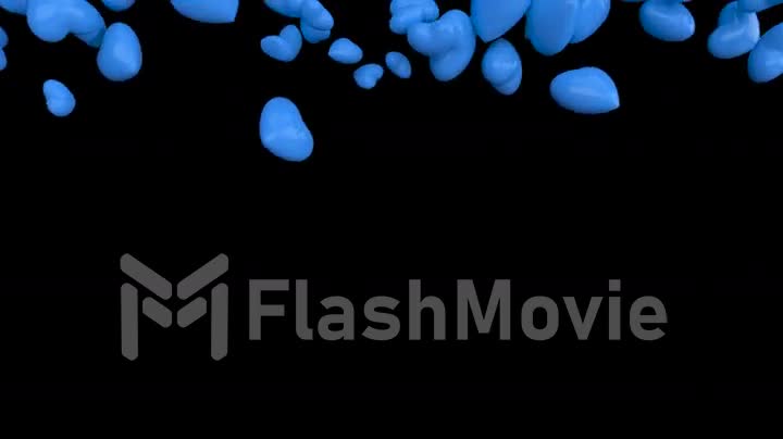 Falling dynamic cold blue hearts filling the screen on isolated black background. 3d animation