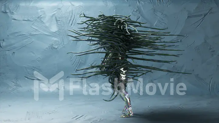 Abstract concept. A hairy figure in the shape of a man dances against a white wall. Green hair. 3d illustration