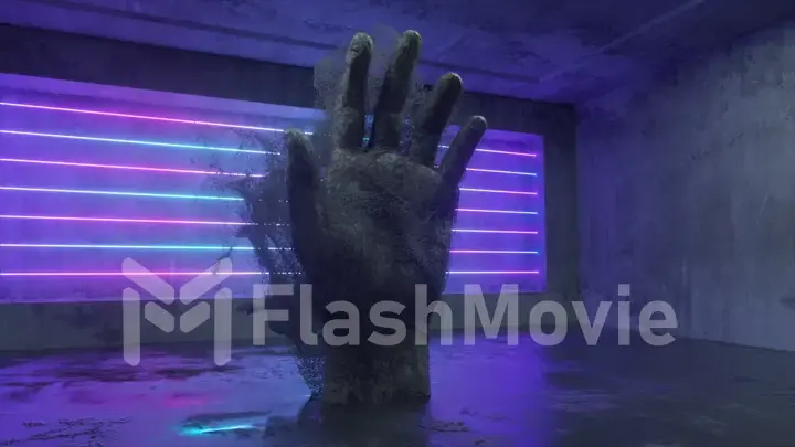 A stone human hand emitting millions of particle streams in a future sci-fi room with modern neon lighting. Abstract 3d illustration