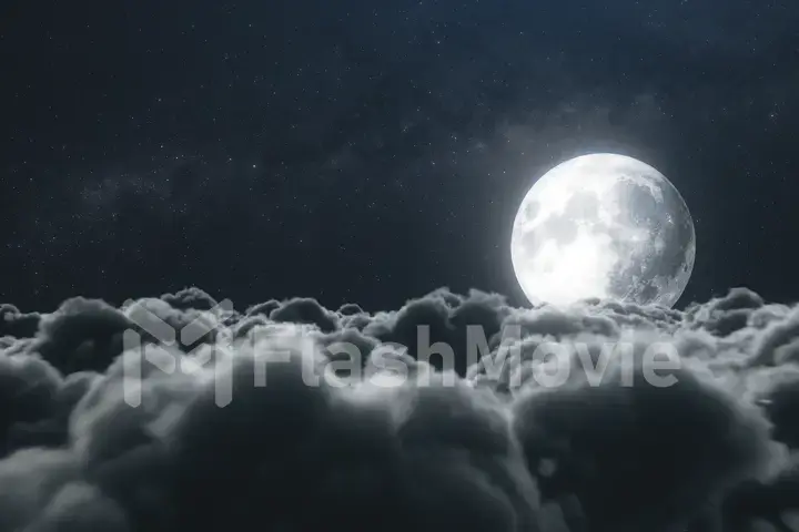 Beautiful realistic flight over cumulus lush clouds in the night moonlight. A large full moon shines brightly on a deep starry night. Cinematic scene. 3d illustration