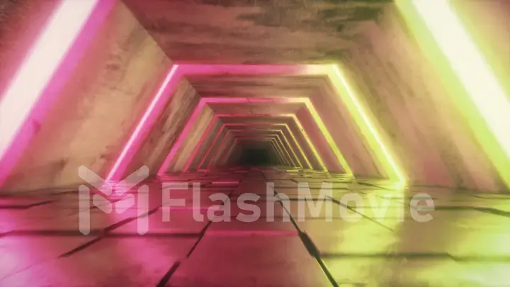 Flying in futuristic tunnel with fluorescent ultraviolet lights. Sci-fi interior corridor. Modern neon light spectrum. 3D illustration