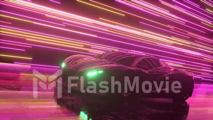 Futuristic concept. Sports car on the background of glowing neon lines. Pink purple color. 3d animation of seamless loop