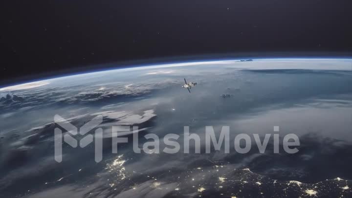 Close-up view of a spaceship from space. Planet Earth in the background. Space travel animation concept. Shuttle