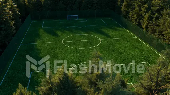 Football field in the middle of the forest top view. Simulated aerial photography. Realistic 3d illustration