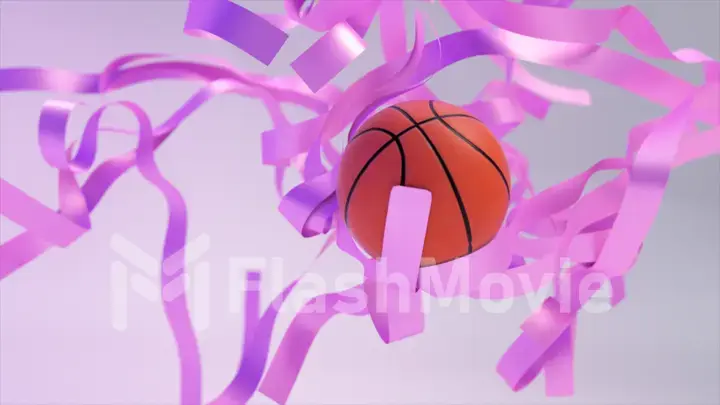 Abstract concept. Cluster of purple ribbons. A basketball flies through the ribbons. Slow motion. Close-up.
