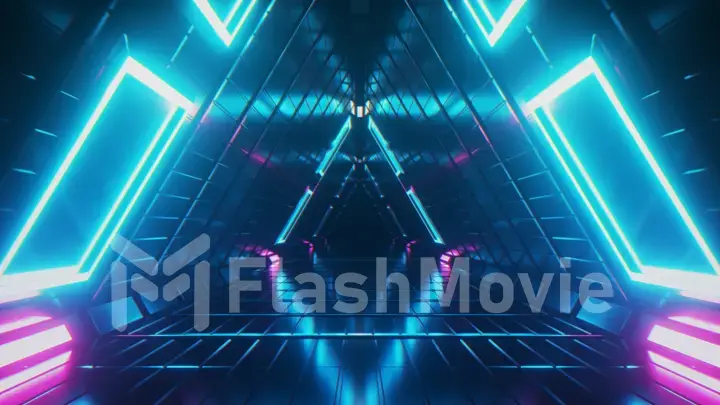 Abstract endless flight in a futuristic geometric metal corridor made of triangles. Modern blue neon lighting. 3d illustration