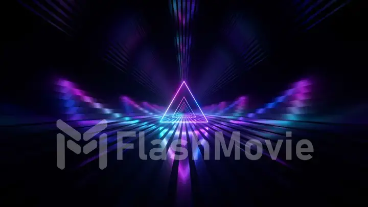 Sci-fi tunnel with neon triangles. An endless flight forward. Modern neon lighting. 3d illustration