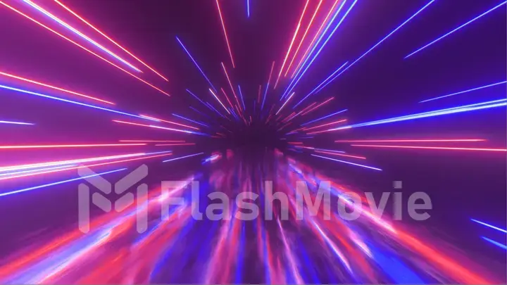 Flying in space with luminous neon lines. Hyperspace. Modern ultraviolet spectrum of light. Blue purple color. 3d illustration