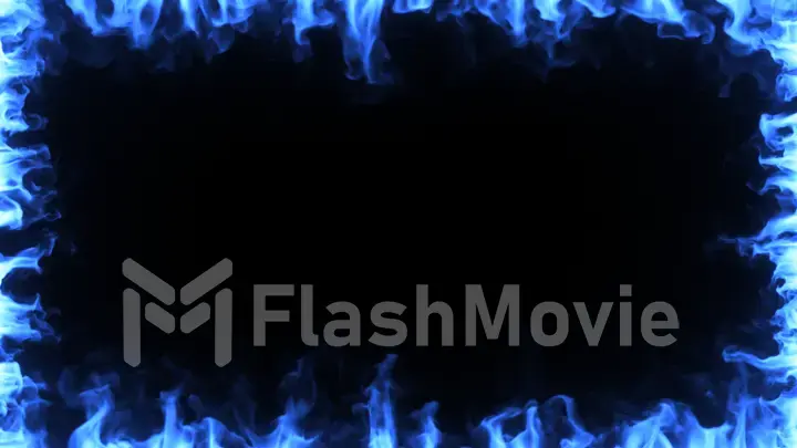 Blue magic fire burns in slow motion. Fiery frame around the screen on a black isolated background. 3d illustration