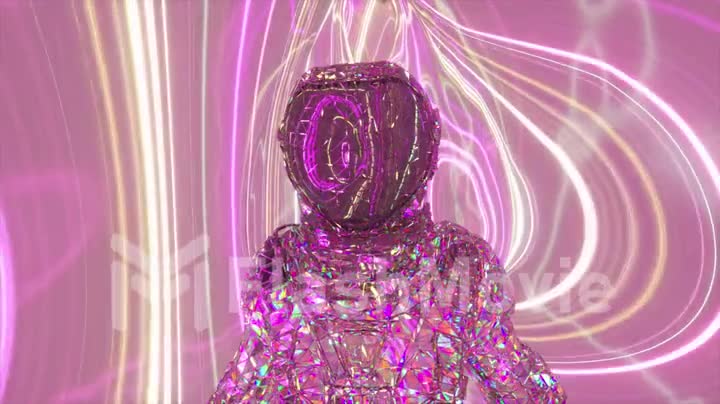 An astronaut in a diamond suit walks against the backdrop of pink and yellow glowing neon lines. 3d animation