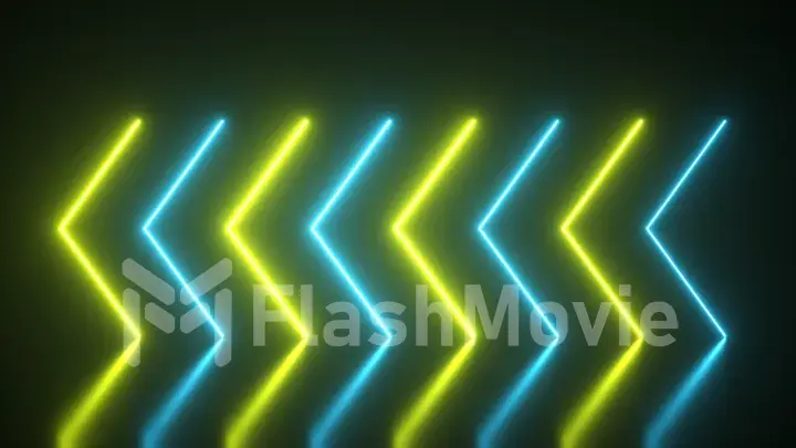 Flashing bright neon arrows light up and go out indicating the direction on the reflective floor. Abstract background, laser show. Ultraviolet neon blue yellow light spectrum. 3d illustration