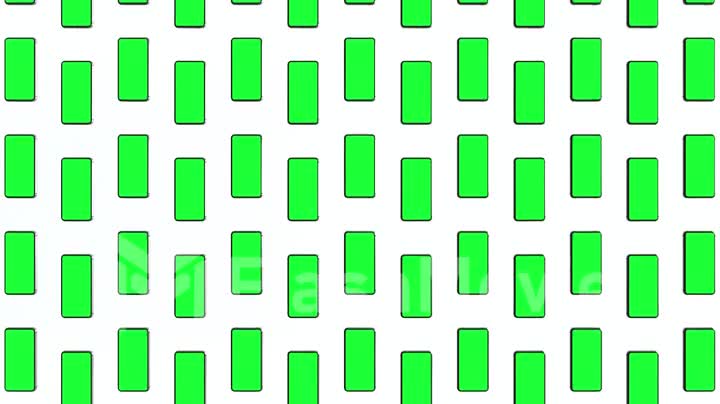 Mobile phones with blank green screen, front view, isolated on white background. A grid of phones moving up and down. 4K animation for presentation on screen layout. Seamless loop 3d render