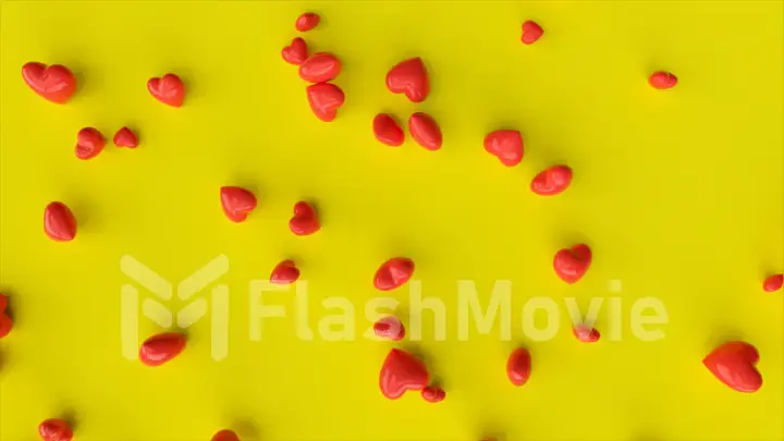 Many red hearts falling into the pile of hearts on pink background. 3d illustration