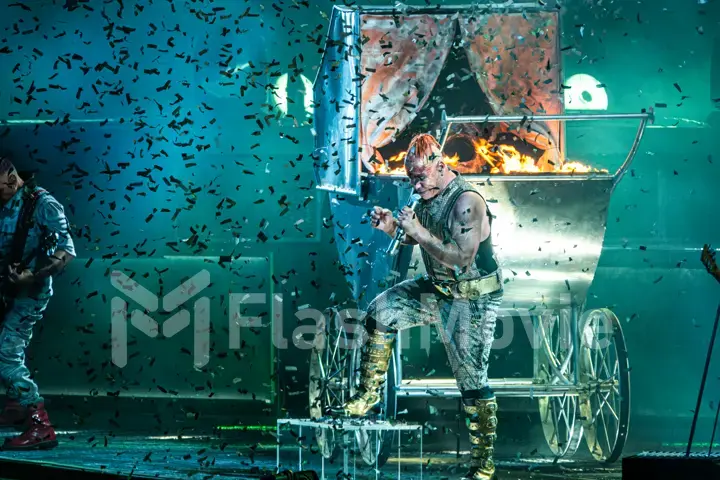 MOSCOW, RUSSIA - JULY 29, 2019: Rammstein group fire concert at Luzhniki Stadium. Crowds of fans gathered at a rock concert of their favorite metal band.