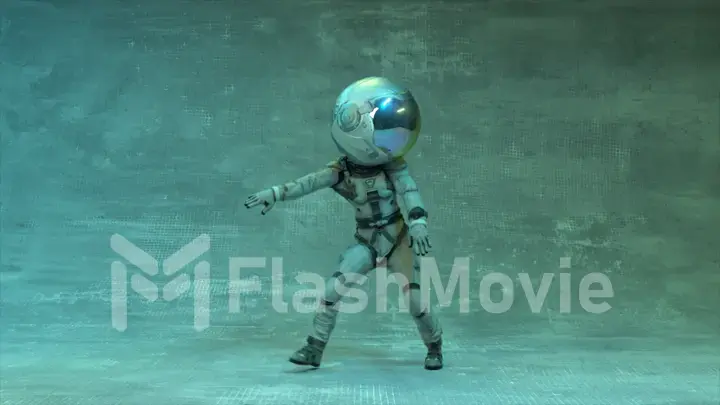 Dance concept. An astronaut in a large mirrored helmet dances in a nightclub. Neon light. 3d illustration