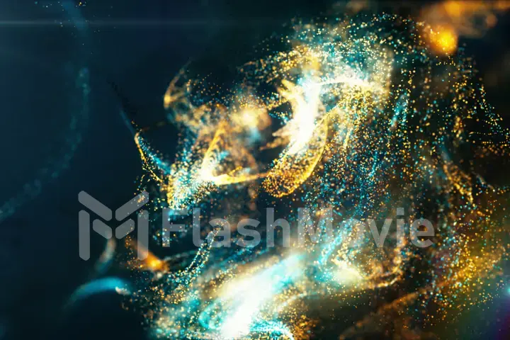 Abstract background of particles and fluids of orange and blue interacting with each other 3d illustration