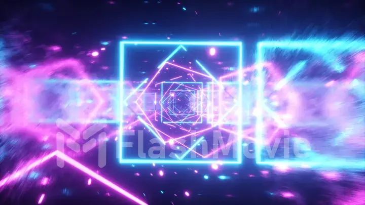 Crazy flight in a retro futuristic space through neon glowing figures in the style of the 80s. 360 degree camera rotation. 3d illustration