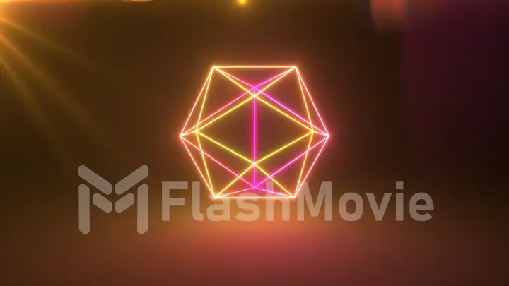 Rotating abstract geometric neon figure. Modern ultraviolet yellow purple light spectrum. 3d illustration