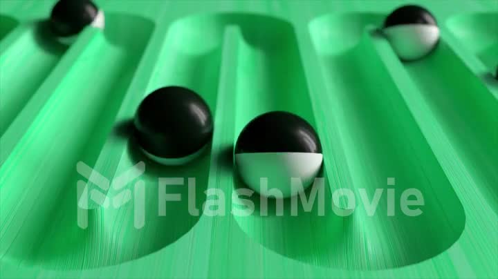 Bright colorful background with rolling balls along the paths. Plastic ball rolling in geometry deepening. 3d animation of a seamless loop