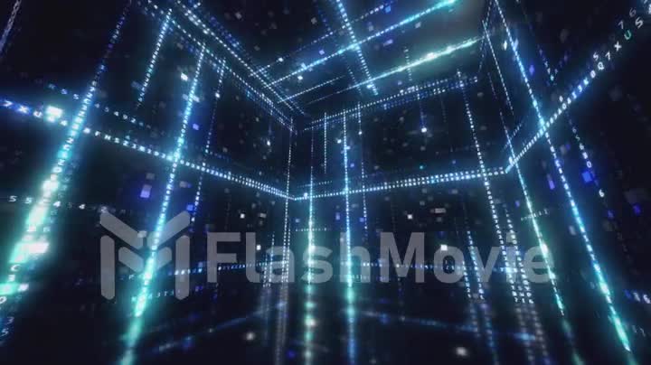 Rotating cube with hexadecimal machine code Abstract technological background with seamless loop in blue color