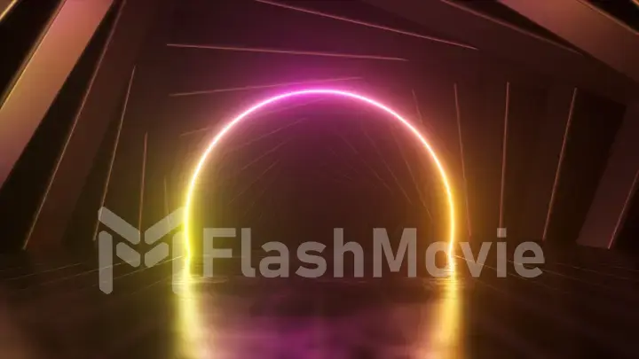 Pink yellow neon arch surrounded by rotating squares. Tunnel. Scene. Disco. 3d illustration
