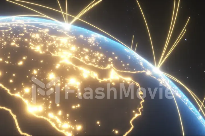 World connections with city lights. Blue. Earth globe. Spinning Earth with light lines growing from major cities all over the world. 3d illustration
