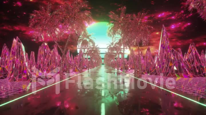 Driving along the diamond road towards sunset.Blue color. 3d animation of a seamless loop. High quality 4k footage