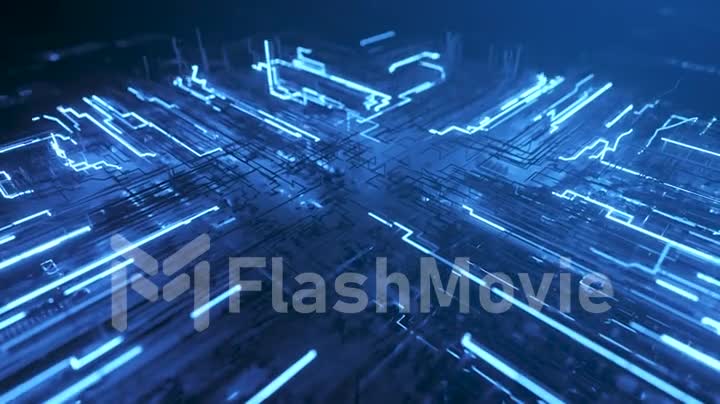 Abstract technological background from a fiber optic glowing beam spreading in the digital space. Data transmission in the futuristic industry. Colorful blue digitalization process. 3d animation