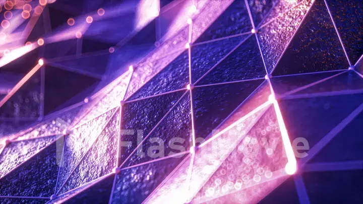 Flying over the landscape of a relief area in a retro futuristic style with a neon grid and luminous spheres. Modern ultraviolet light. 3d illustration