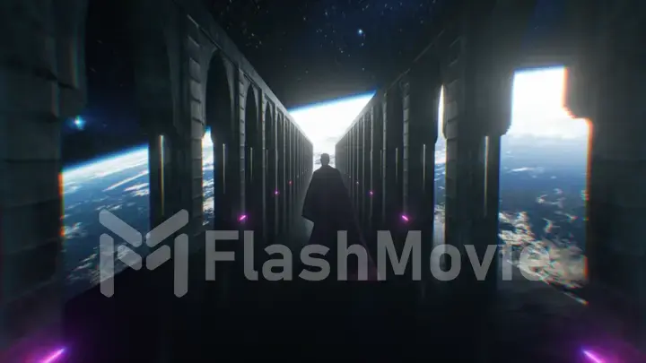 A man dressed in cloth walking down a space sci fi corridor with neon lighting. Let the planet earth. Fantastic concept of the future. The concept of human cognition of space. 3d animation