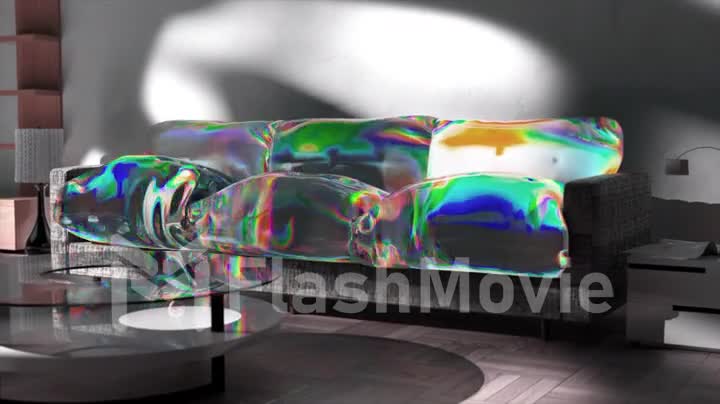 Gray couch transforms into a liquid transparent rainbow substance. Office furniture. Shadow on the white wall.