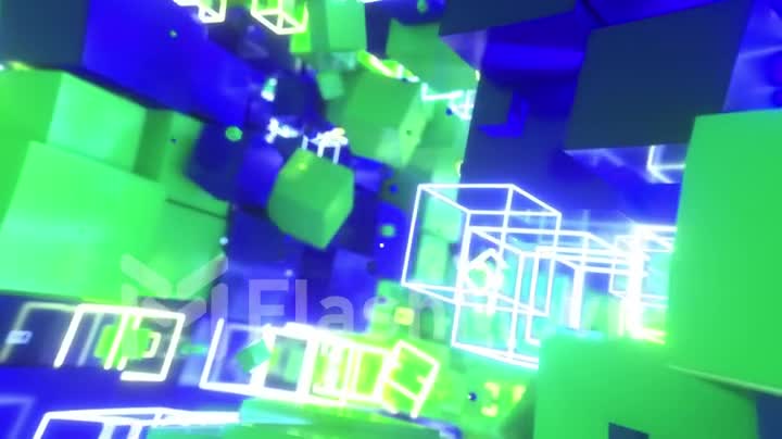 Abstract motion of colorful cubes with neon glowing cubes. Seamless loop 4k animation