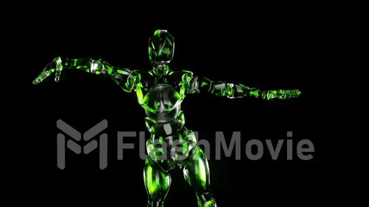 Dancing robot made of glass on a black isolated background. 3d illustration