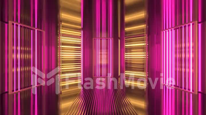 Neon background. Purple and yellow neon background appears and disappears. Bright live neon background. Metallic room.