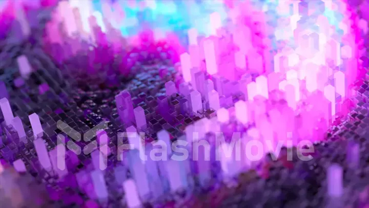 Abstract wave surface consisting of blocks moves in a random chaotic order. Blue pink color. 3d Illustration