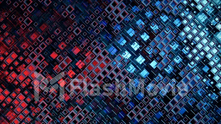 3d illustration of colorful glass rows of cubes floating through the prog, creating an abstract graphic background technology texture. Blue red color