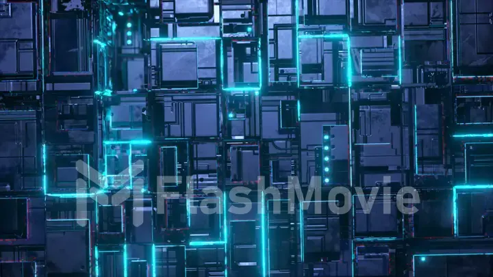 Futuristic technology concept. Dark sci fi looped background. Neon signals inside the microcircuit. Blue neon light