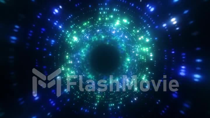 Bright abstract wavy motion background. Neon lamps. Glowing points of the spiral tunnel. Bright bright points. laser light. Modern green and blue color spectrum. Seamless loop 3d animation