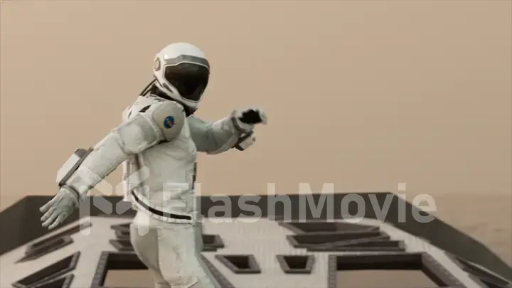 The concept of space exploration. An astronaut is dancing on a boat in the middle of the ocean space. White suit.