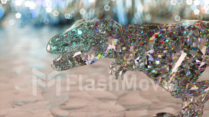 Nature and animals concept. Walking dinosaur. Low poly. Transparent blue color. 3d animation of a seamless loop.