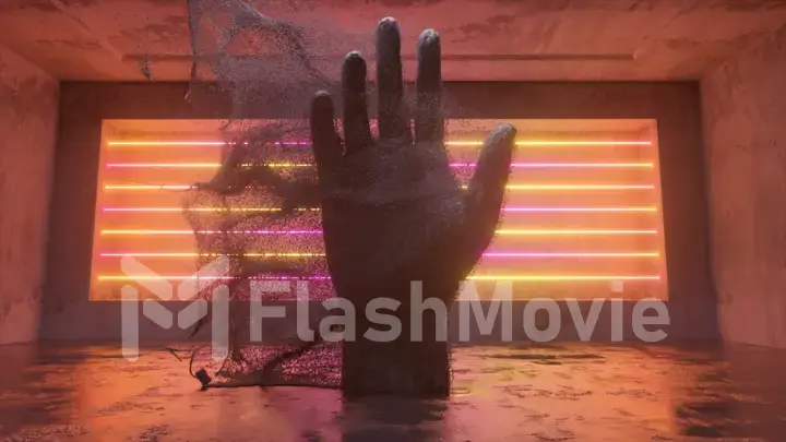 A stone human hand emitting millions of particle streams in a future sci-fi room with modern neon lighting. Abstract 3d illustration