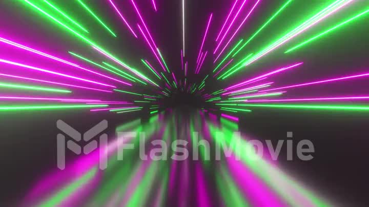 Flying in space with luminous neon lines. Hyperspace. Modern spectrum of light. Green purple color. Seamless loop 3d render