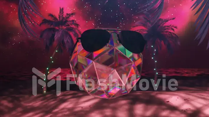 The diamond sphere in black glasses moves to the music, Palms and illuminations in the background. Pink, neon color.