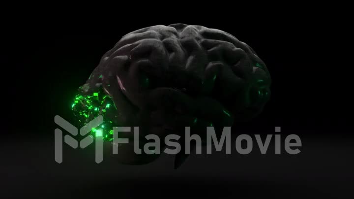 Futuristic concept. The glass brain emerges from a matte black shell. Green neon light. 3d animation