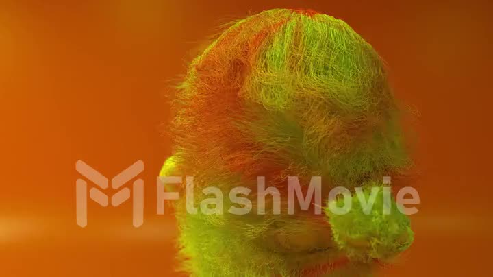 Cheerful colorful hairy cartoon dancing character, furry animal, having fun, furry mascot animation. Modern minimalist design. Flashing neon club light
