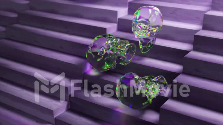 Abstract concept. The diamond skulls slide down the Purple wood stairs. Rainbow. Transparent. 3d animation