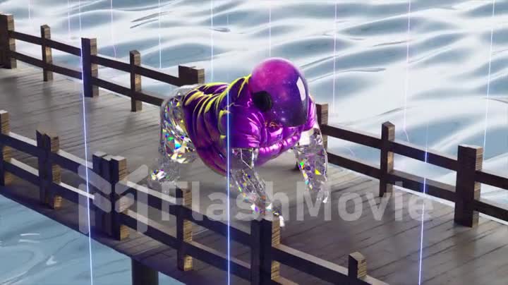 Abstract concept. Diamond gorilla runs along the wooden pier. Purple jacket and helmet. Sea around. Neon. 3d animation