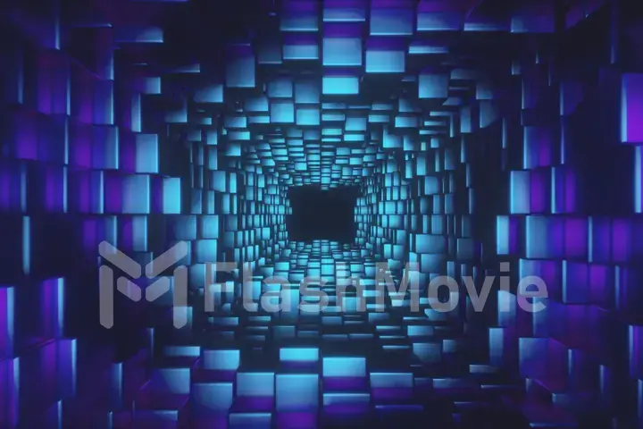 Abstract flying in futuristic corridor, fluorescent ultraviolet light, geometric endless tunnel, blue pink spectrum, 3d illustration. Wall of square blocks is moving