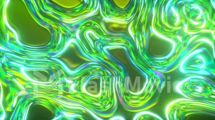Abstract glowing 3d render holographic oil surface background, foil wavy surface, wave and ripples, ultraviolet modern light, neon blue green spectrum colors. Seamless loop 4k animation